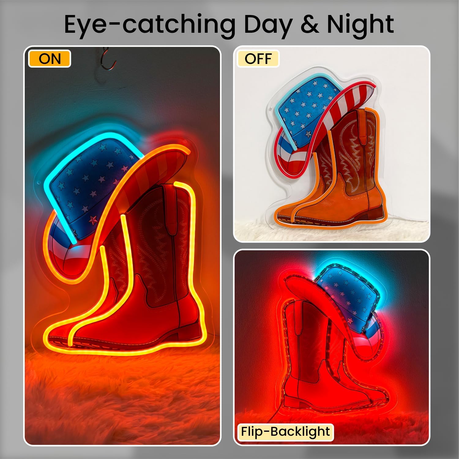 LED Cowboy Boot Hat Neon Sign Light Up Rodeo Lights Lighted Cowboy Neon Signs for Bedroom Dorm Hallway Garage Bar Gaming Room Man Cave Party Western Wall Decor Art Gifts