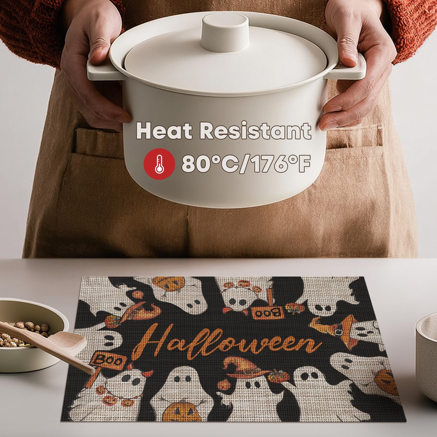 Artoid Mode Ghost Halloween Plastic Placemats Set of 4, Washable Heat Resistant Non-Slip Woven Vinyl PVC Place Mats for Farmhouse Holiday Party Kitchen Dining Decor