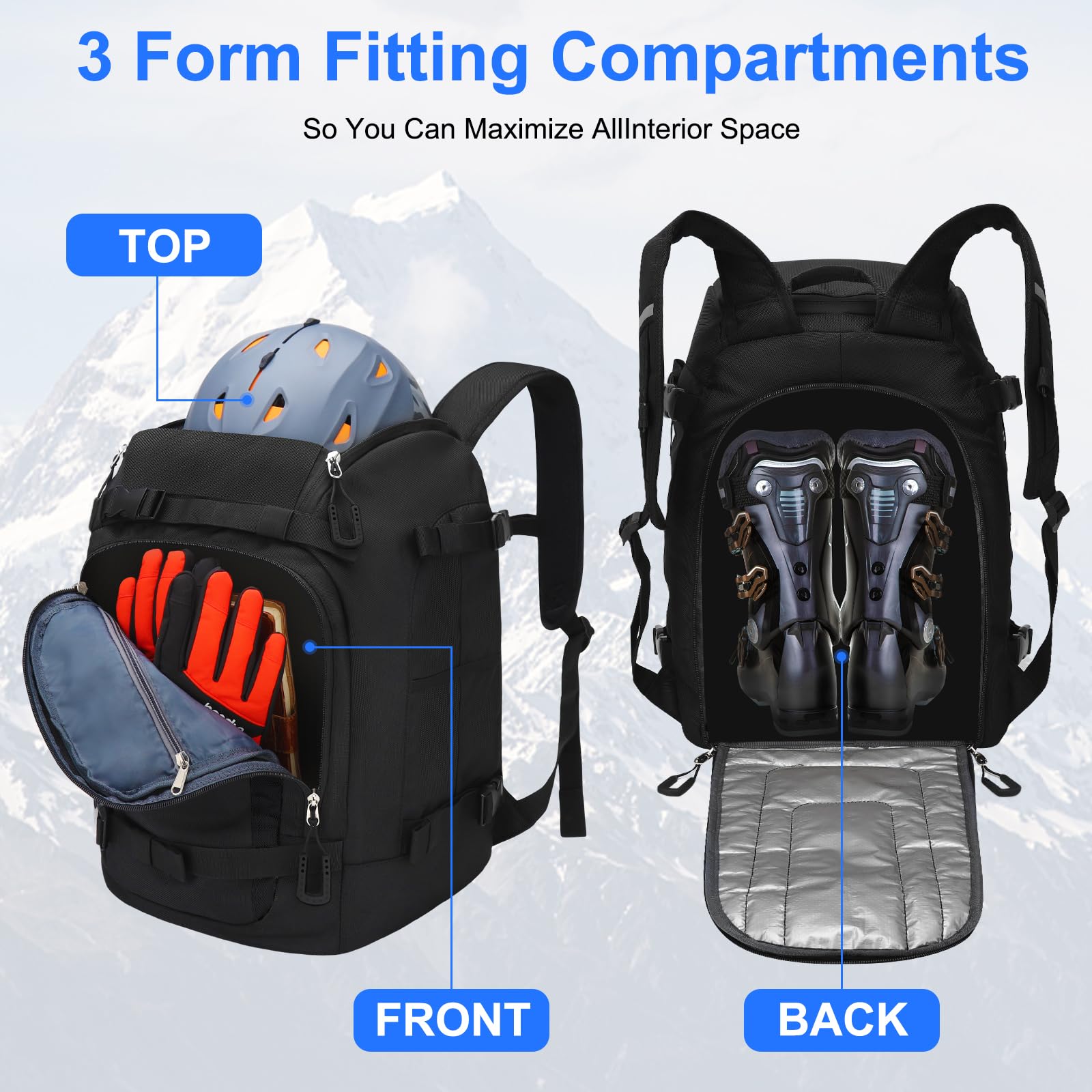 Skischuhtasche, 50 l, Skischuh-Reiserucksack, 1680D Nylon, wasserdicht, Skitasche für Skischuhe, Skihelm, Brille, Handschuhe, Bekleidung und Skiausrüstung, Zubehör für Männer, Frauen und Jugendliche,