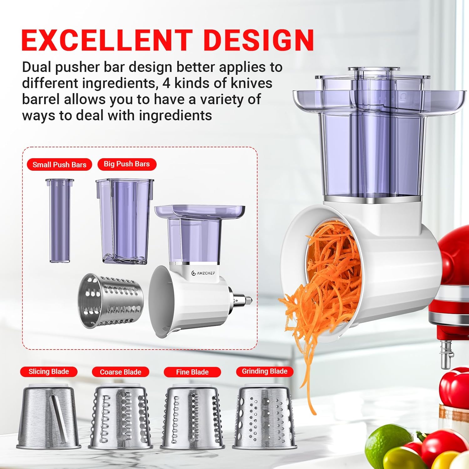 Slicer & Shredder Attachment for Kitchen Aid Stand Mixers, with 2.8IN Large Feed Chute, Oversized Cheese Grater Accessories with 4 Food Grade Blades, 304 Stainsless Steel, Dishwasher Safe