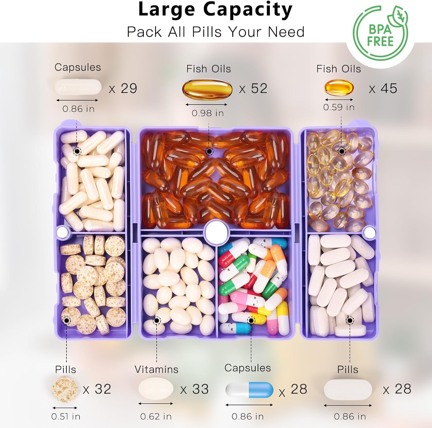 FYY Daily Pill Organizer,7 Compartments Portable Pill Case Travel Pill Organizer,[Folding Design] Large Pill Box for Purse Pocket to Hold Vitamins,Cod Liver Oil,Supplements and Medication-Purple