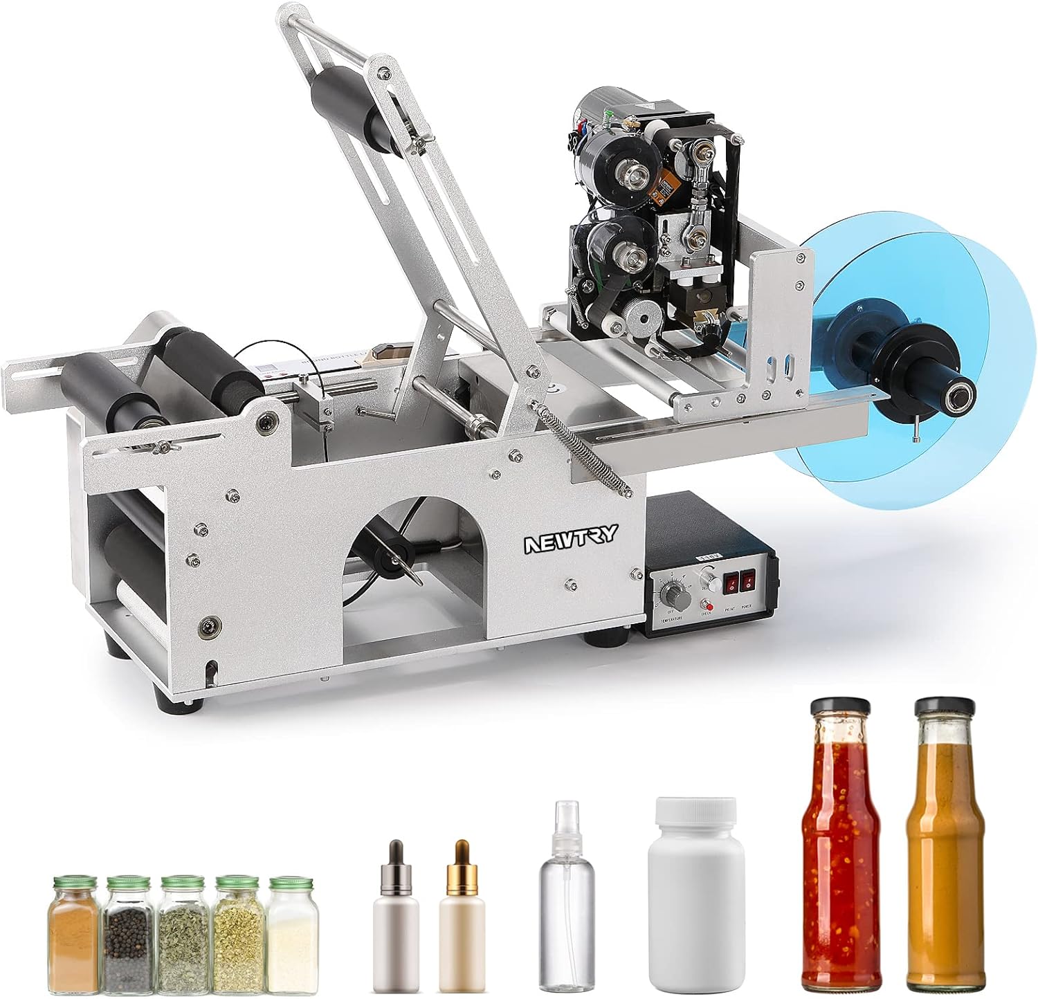 NEWTRY 2 in 1 Semi-automatic Round Bottle Labeling Machine with Date Coding Machine 20-120mm Bottle Diameter