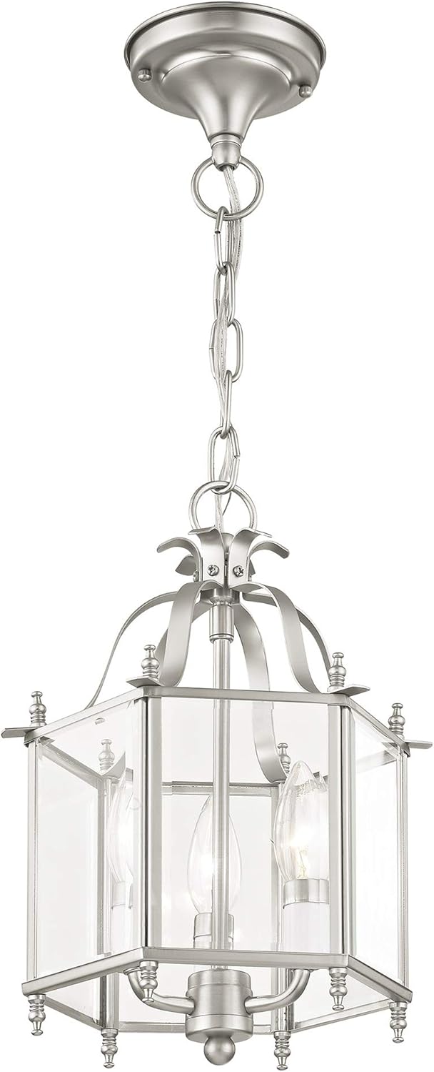 Livex Lighting 4403-91 Home Basics 3 Light Brushed Nickel Hanging Lantern or Flush Mount Chandelier with Clear Beveled Glass