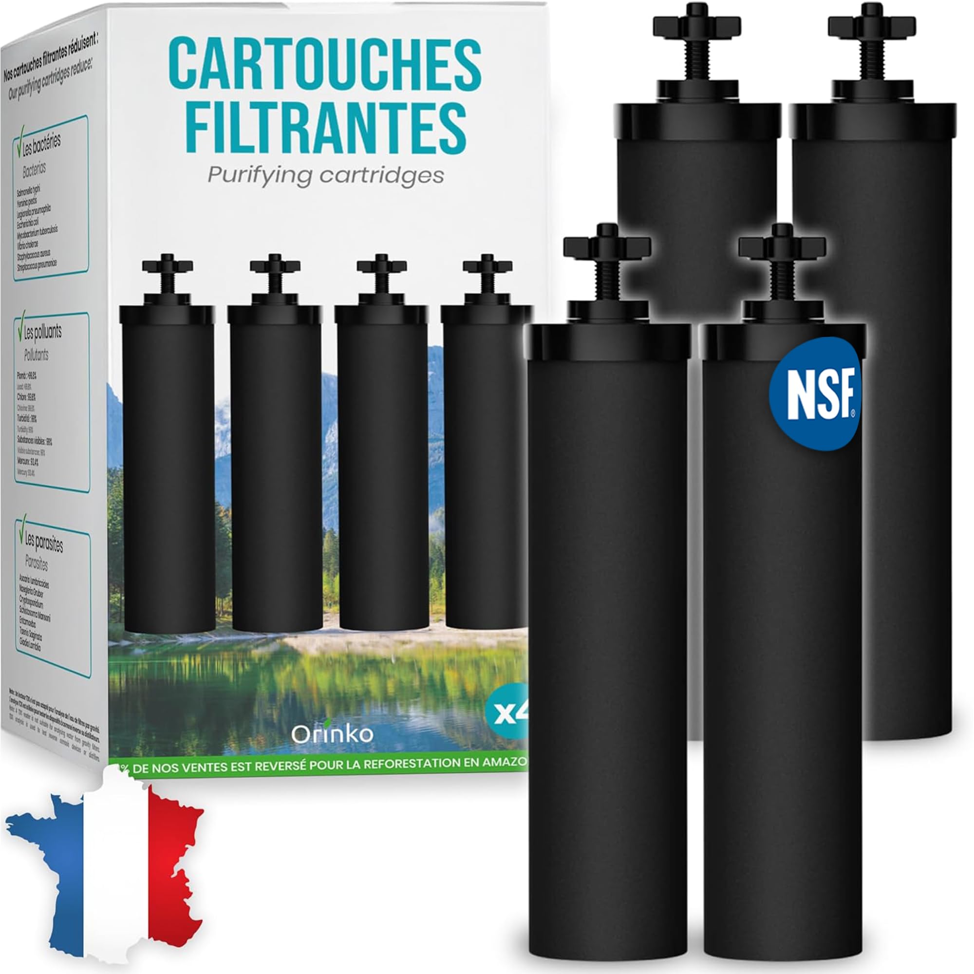 Cartouches Filtrantes x4 pour Filtre à Eau par Gravité – Compatible avec Filtre Berkey et Berkefeld – Cartouche pour Filtre à Eau Haute Performance – Purification Efficace de l'Eau – Certifiées NSF