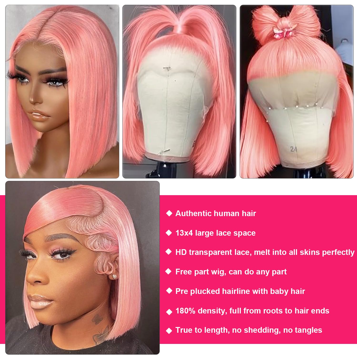 Pink Bob Wig 12 Inch 13x4 HD Lace Front Human Hair Wig Pre Plucked With Baby Hair for Black Women 180% Density