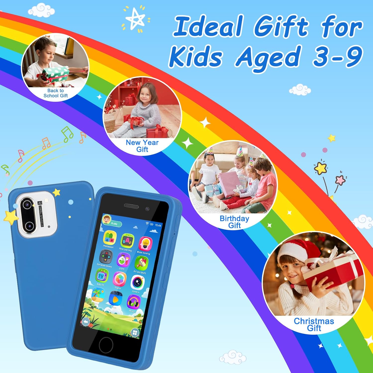 3.97 Touchscreen Kids Toys Smart Phone, Kids Phone with Games & Dual Camera, Toddler Toys Phone, Boys and Girls Learning Toy Phone for 3-9 Years Old (Blue)