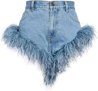 GR-108 Womans Real Ostrich Feather Furry Denim Shorts Summer Slim Tight Fit Sexy Fringe Jeans Short High Waist Fluffy