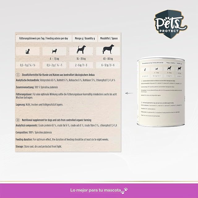 Foto 3 de 7 de Pets Protect Espirulina orgánica en polvo 150 g para perros y gatos - Aditivo alimentario