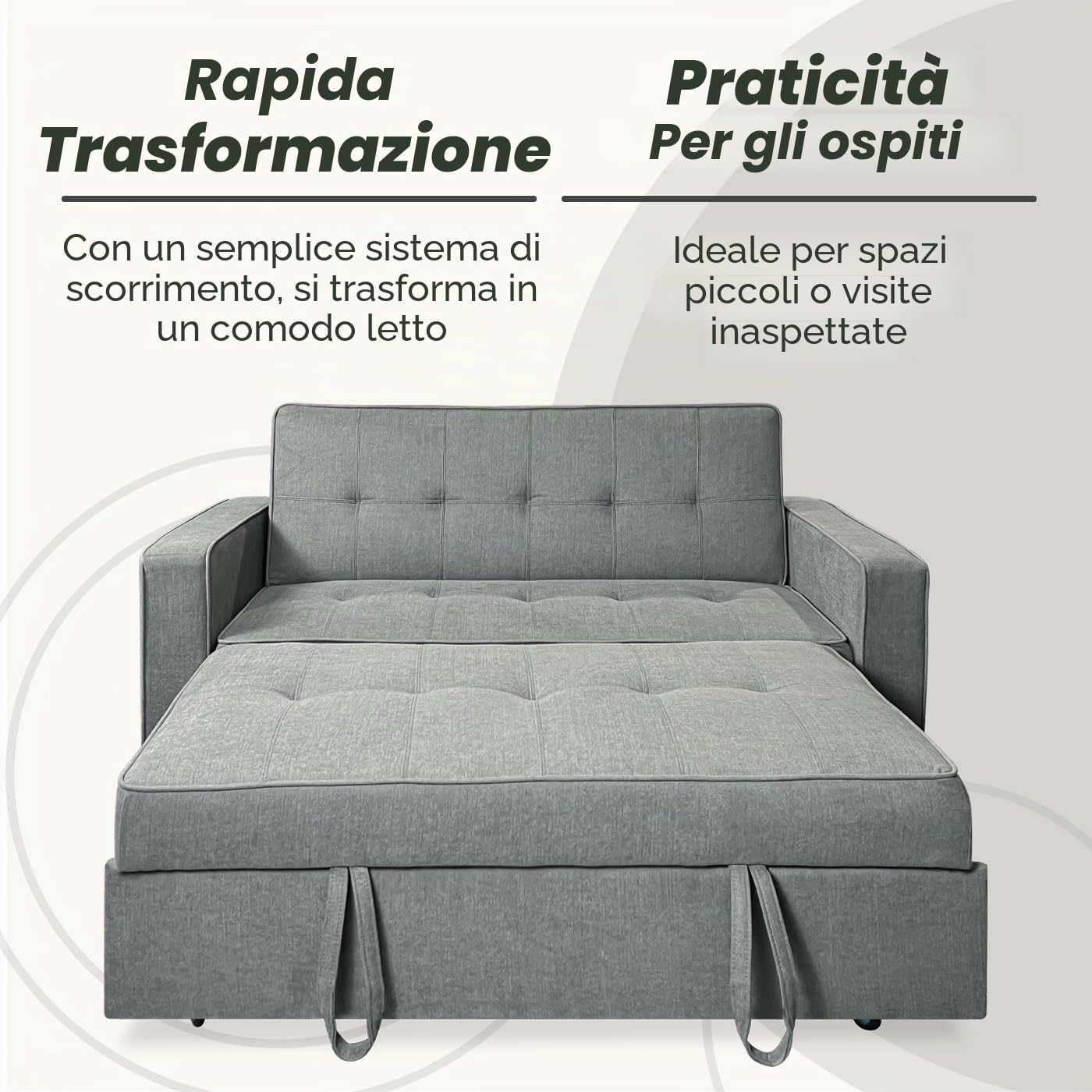 Somnia Descanso - Divano letto a 2 posti modello Volga, design moderno ed elegante | pratico e funzionale, con braccioli, grigio