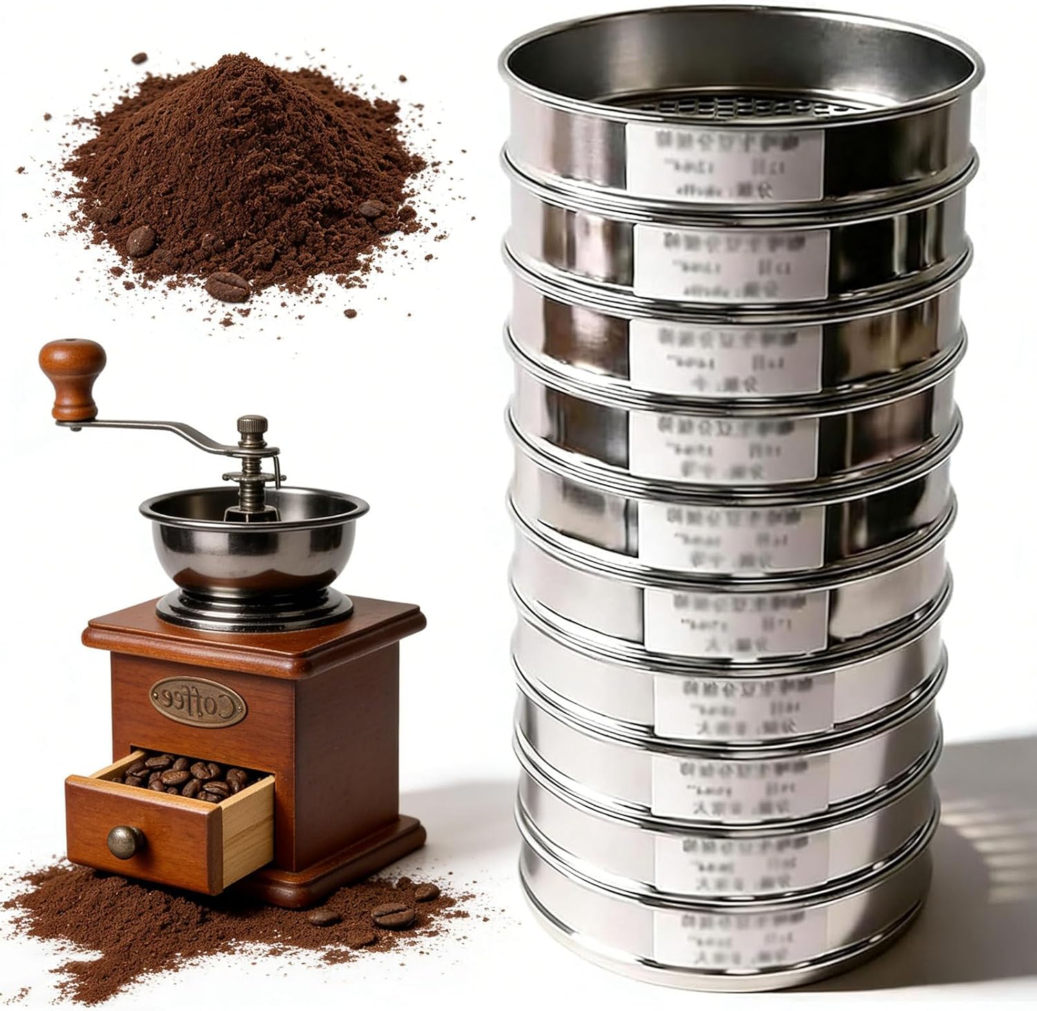 Coffee Bean Grading Sieve, Round Stainless Steel Sieve, with 10 Layers of Mesh (Mesh 12-21), Precision Sieving, for 8-Inch Green Coffee Beans Ironplating