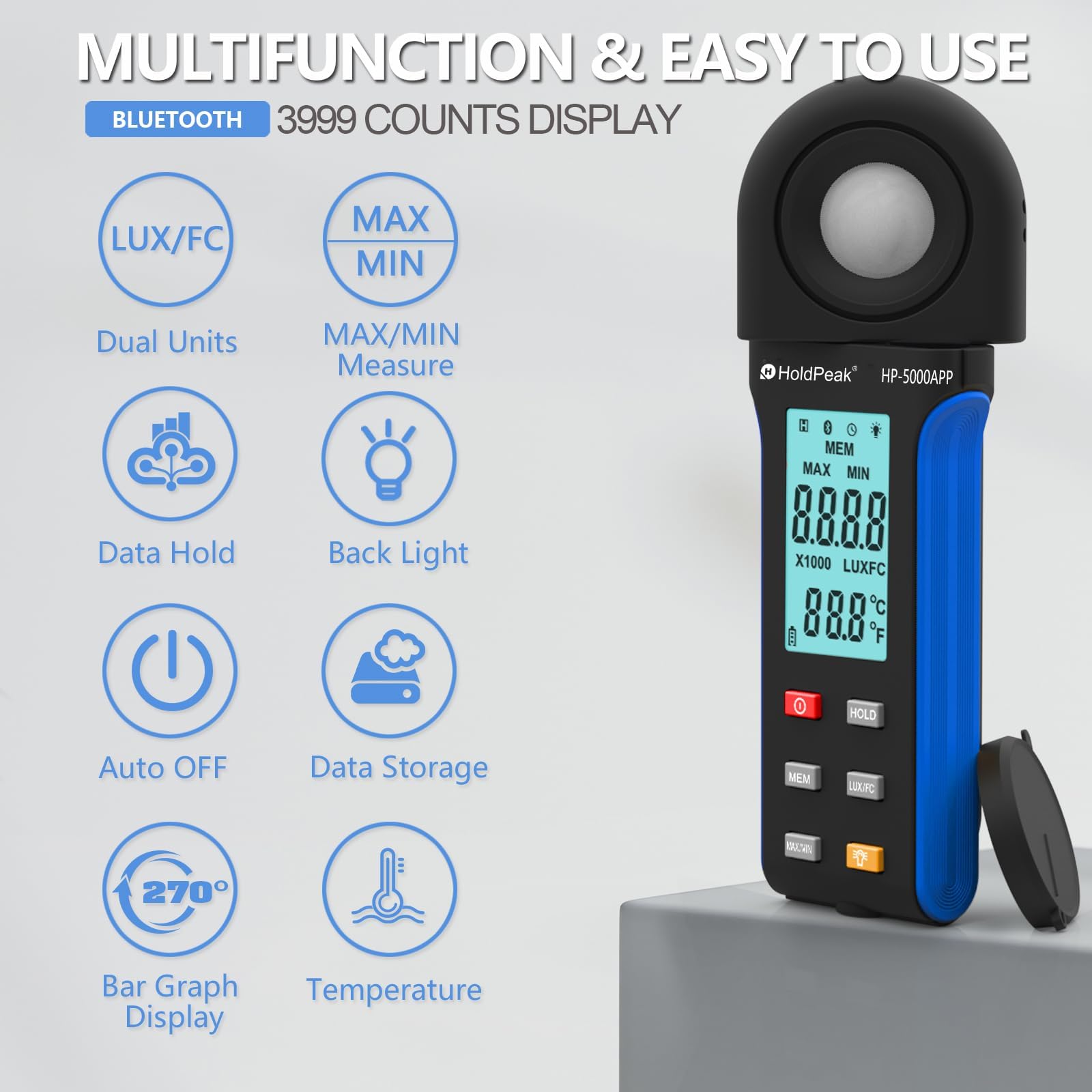 Luxmetro Digitale Tester per Misurazione Luminosita 400,000 Lux 5000APP, Misuratori di Luce, Posemetro Digitale Portatile Ambientale, per Luce LED/Piante, Rotativo 270º, APP Operazione