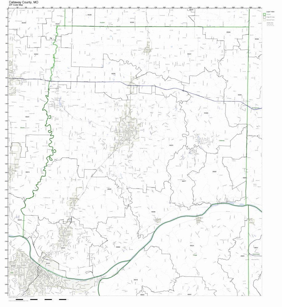 Callaway County, Missouri MO ZIP Code Map Not Laminated