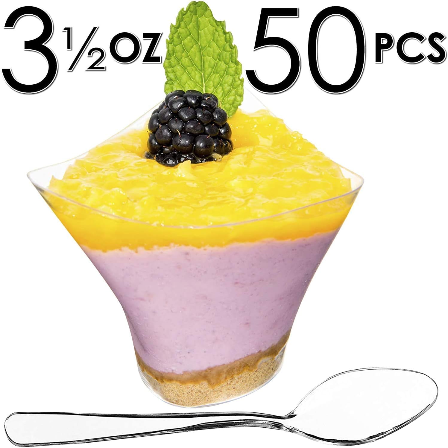 DLux 50 x 3 oz Mini Dessert Cups with Spoons, Small Swirl - Clear Plastic Parfait Appetizer Cup - Small Reusable Serving Bowl for Tasting Party Desserts Appetizers - With Recipe Ebook