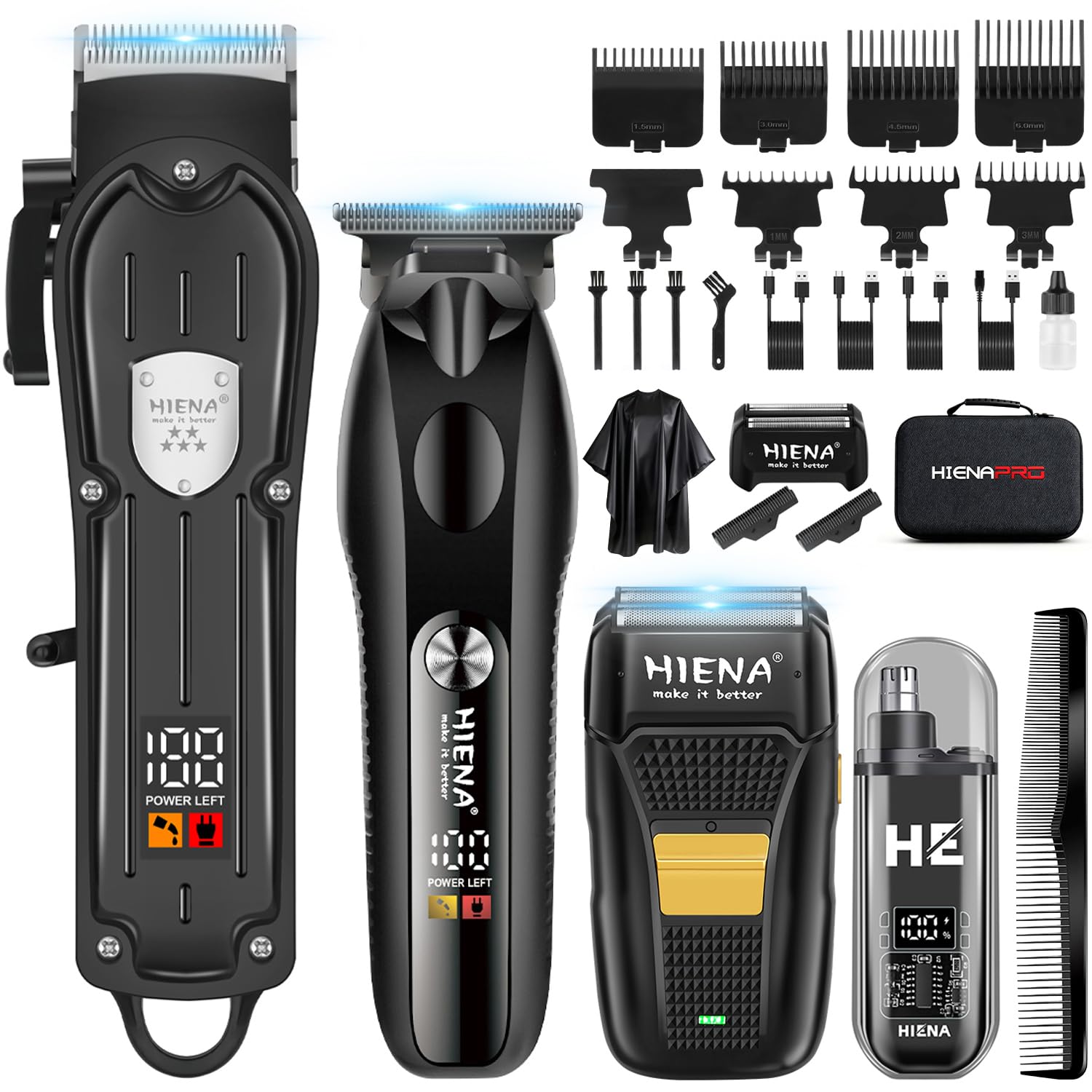 HIENA PRO Maquina de Cortar Pelo Hombre, Inalámbrico Cortapelos, Recortadora de Barba, Afeitadora de Láminas, Cortapelos de Nariz, Juego Completo Kit Barbero Eléctrico