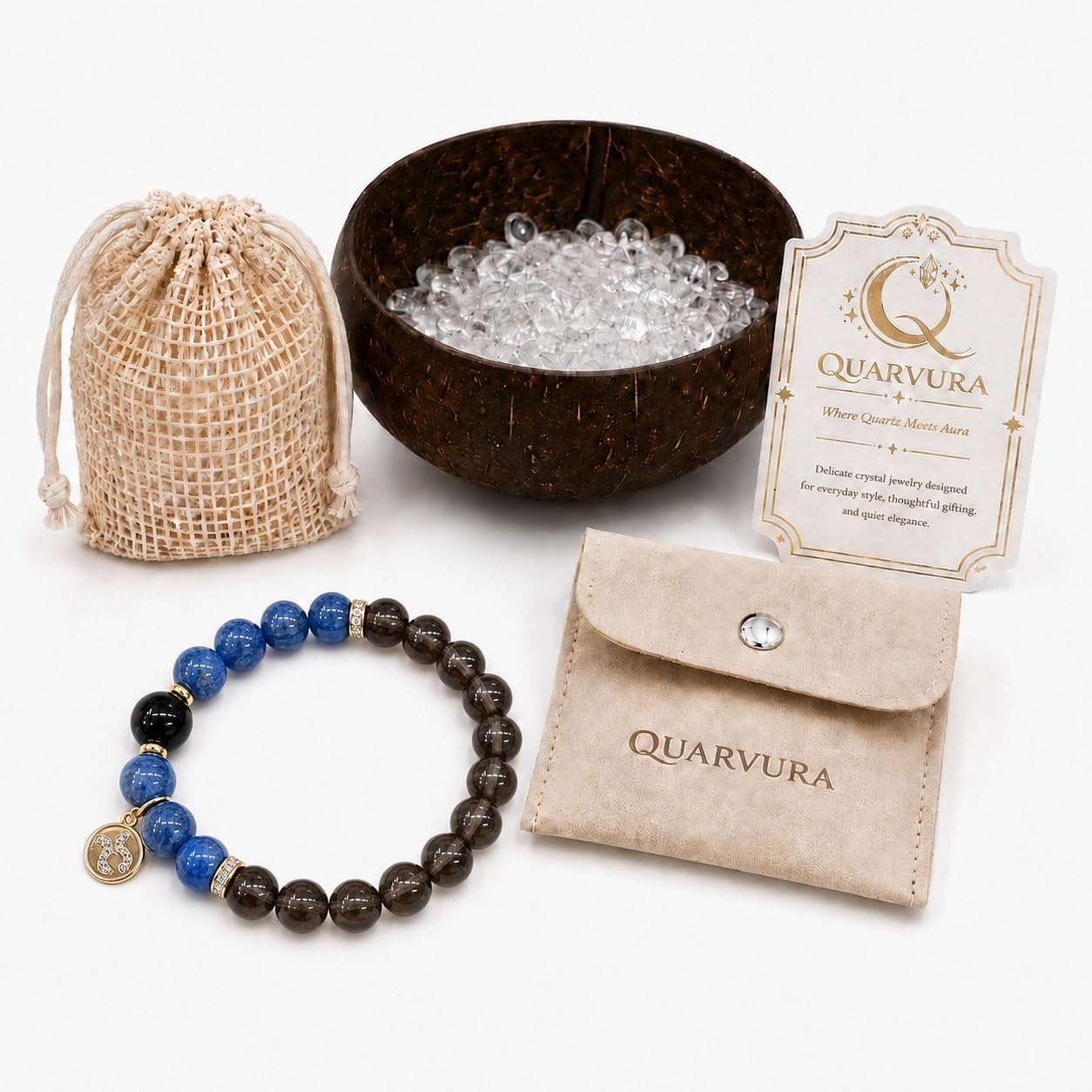 Crystal Cleansing Set, Coconut Bowl, Clear Quartz Chips & Handmade Healing Crystal Bracelet. Natural Polished Coconut Shell, Reiki Charging Kit for Meditation, Stress Relief & Home Decor (D)