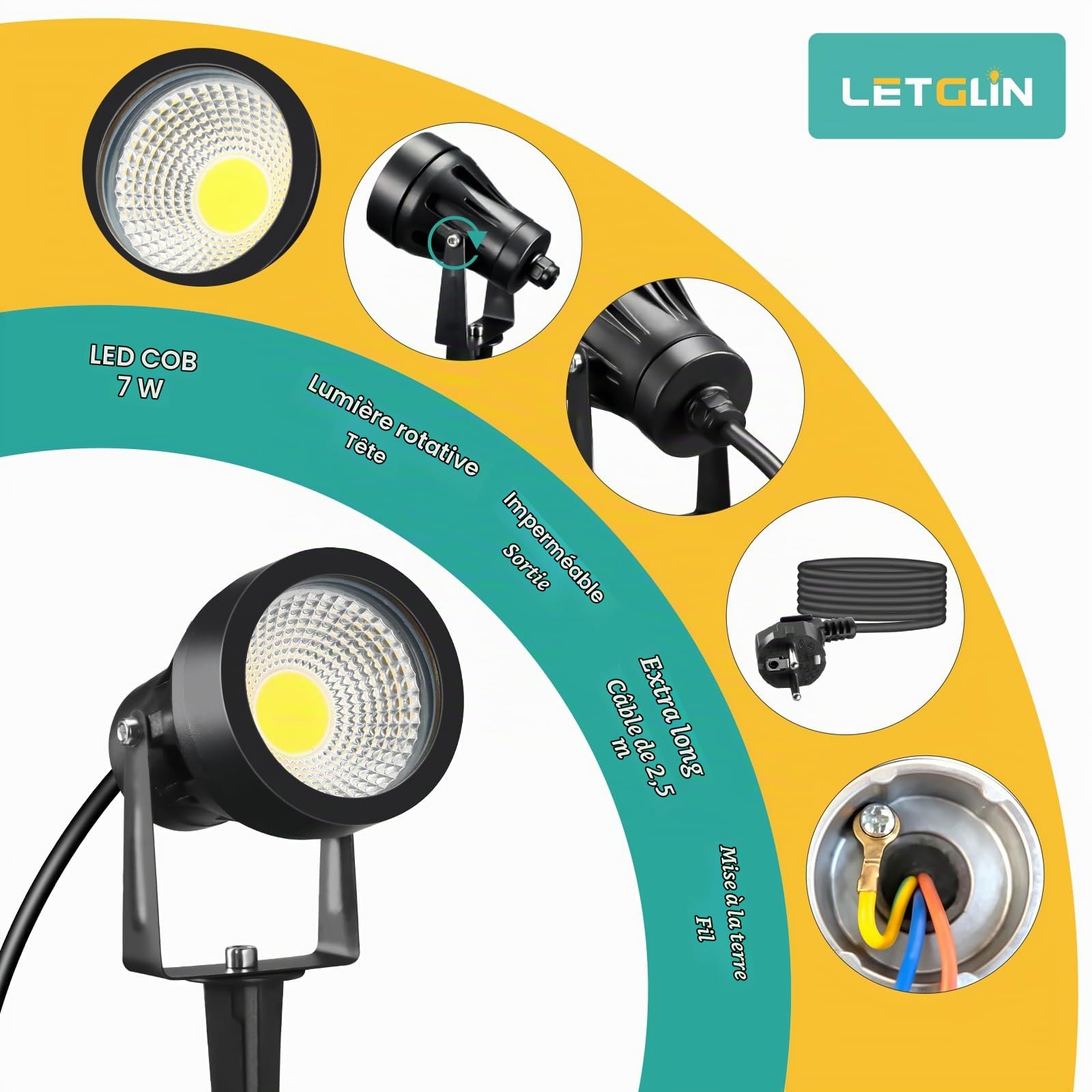 7W Spot LED Extérieur avec Piquet, 700lm Ultra-Lumineux Lampe Jardin, IP65 Lumiere Exterieur, 3000K Lumiere pour Murs, Terrasses, Arbres et Allées, 2 Pièc