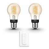 Philips Hue Vorteilspaket - E27 - mit 2 Filament Standard Lampen - Warmweißes Licht - inkl. 1 Hue Dimmschalter - Hue White Filament