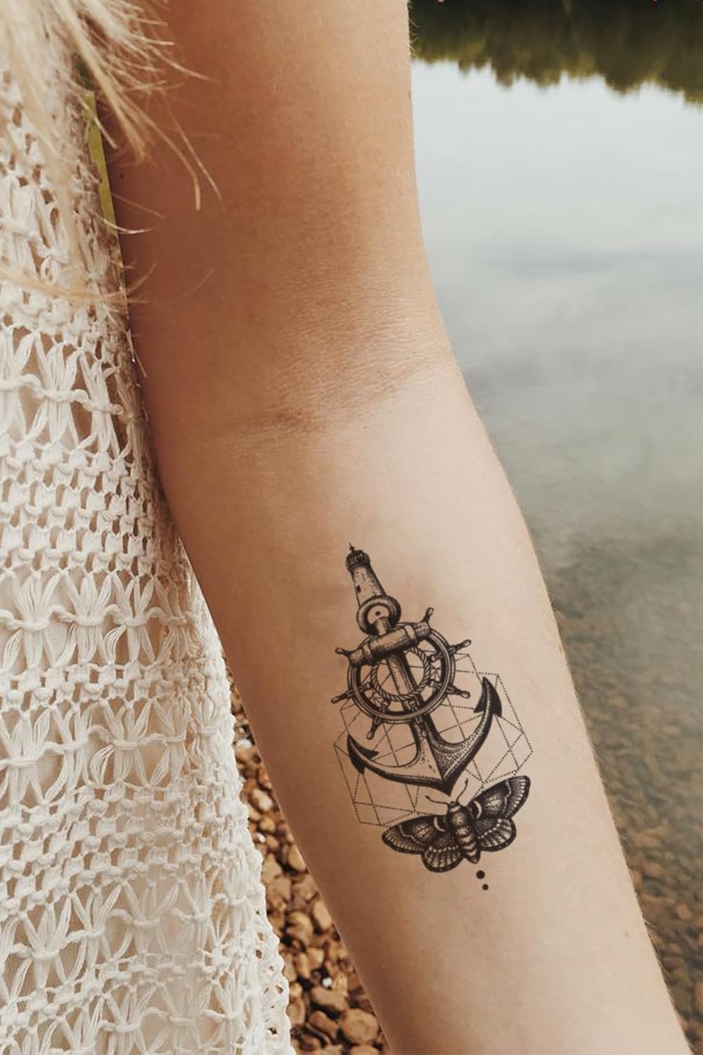 BearPear Polestar Çapa ve Deniz Feneri Geçici Dövme Lighthouse Tattoo