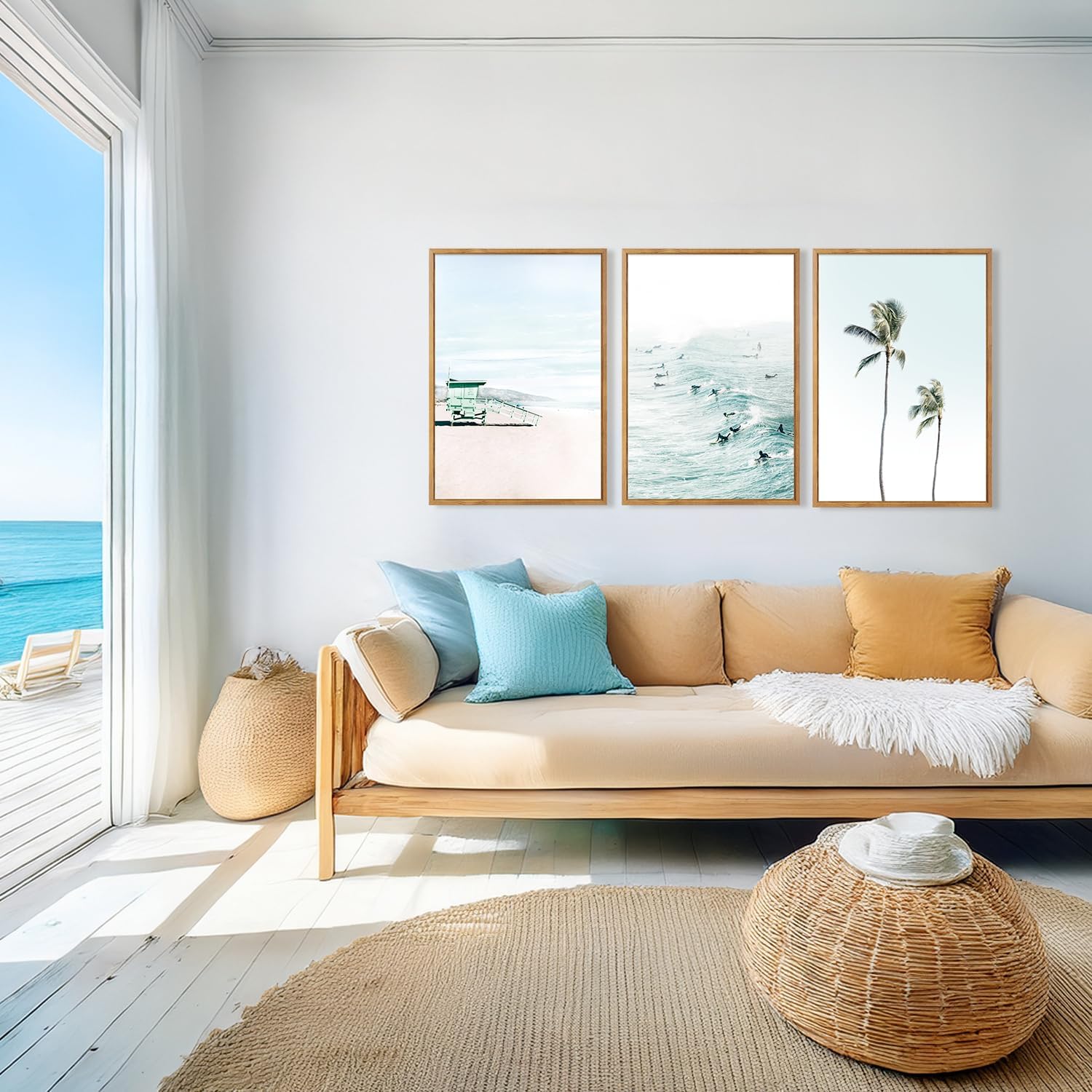 CHDITB Tropical Surf Scene Framed Canvas Wall Art Set Of 3, Coastal Wall Decor, Ocean Inspired Beach Wall Painting, Neutral Seascape Palm Tree Art Prints For Living Room Bedroom Decor (12x16 Inch)