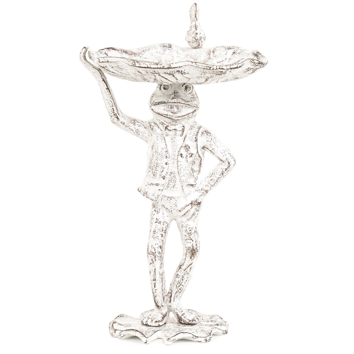 Sungmor Vogelfutterspender aus Gusseisen, Frosch-Statue, Garten-Frosch-Statue mit Blättern, für den Außenbereich, kleine Vogeltränke, Süßigkeitenschale, Terrassentischdekoration | Garten-Frosch-Statue mit Blättern für den Außenbereich, kleine Vogeltränke,