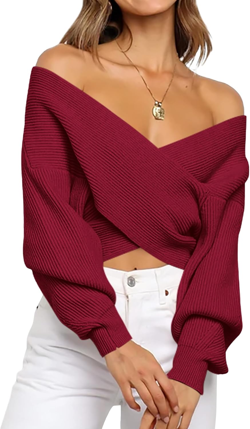 BTFBM Off The Shoulder Sweater for Women Winter Fall Fashion 2025 V Neck Long Sleeve Ribbed Knit Wrap Cropped Sweaters