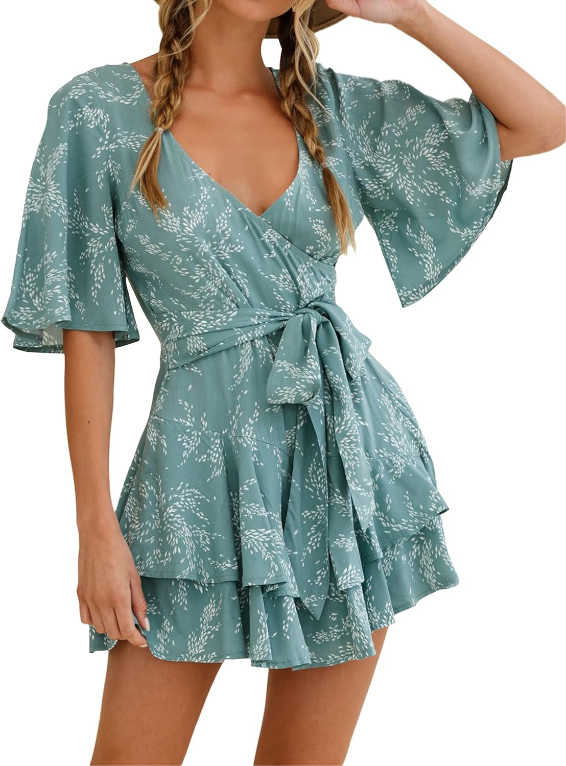 Relipop Women’s Summer Romper Floral V Neck Short Sleeve Waist Tie Ruffle Hem Vacation Outfits 2026 Casual One Piece Jumpsuit