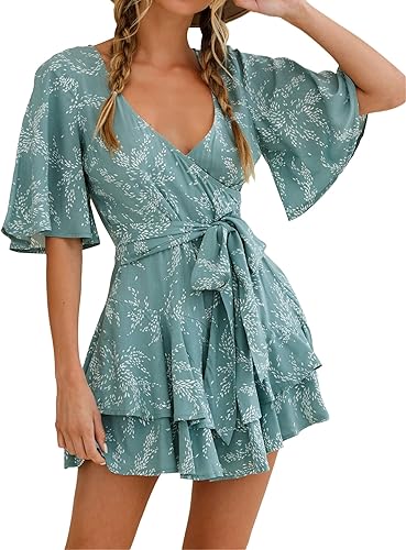 Miniatura 3 de Relipop Enterizo de verano para mujer, diseño floral, cuello en V, manga corta, cintura con nudo y dobladillo con volantes, overol corto casual