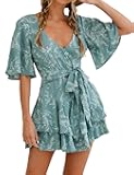 Relipop Women’s Summer Romper Floral V Neck Short Sleeve Waist Tie Ruffle Hem Vacation Outfits 2026 Casual One Piece Jumpsuit