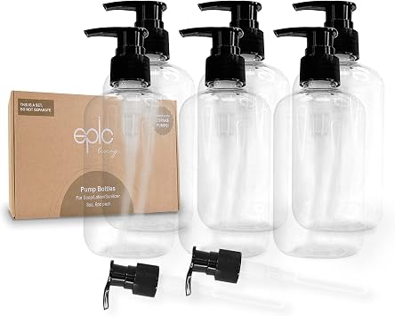 6 Pack 8oz Empty Pump Bottles - Plastic Pump Dispenser Bottle with Black Pump, Gift Box, for Hair Shampoo, Conditioner, Hand Soap, Hand Lotion and Laundry Detergent