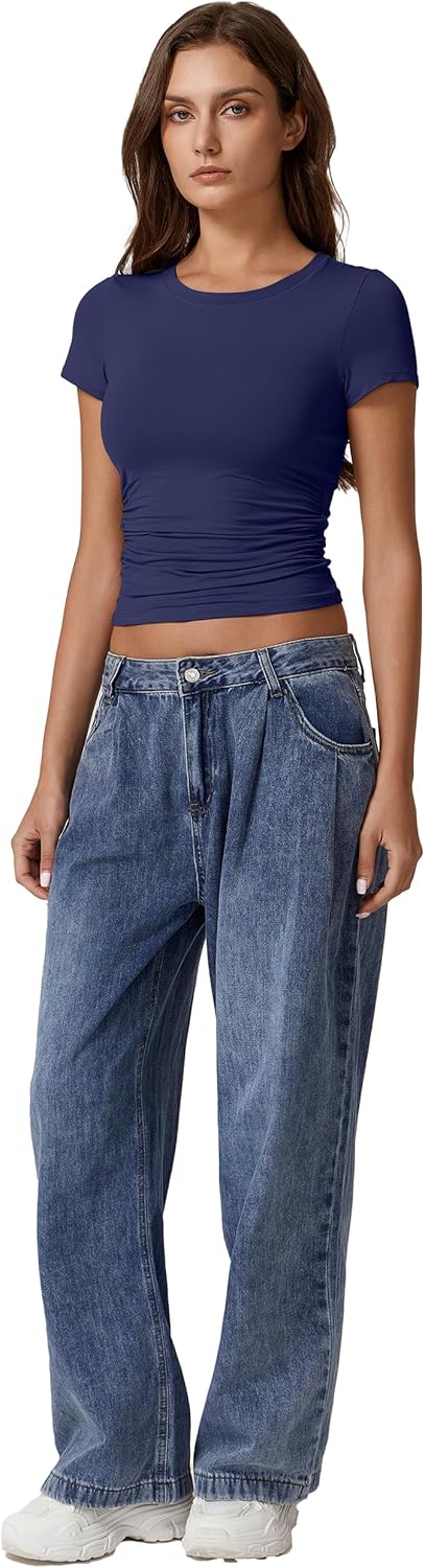 QINSEN Short Sleeve Shirts for Women Round Neck Basic Double Lined Tees Fitted Y2k Crop Tops - Image 6