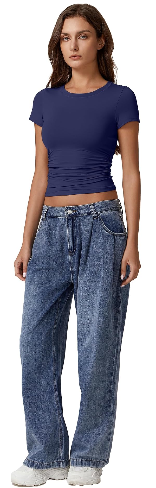 QINSEN Slim Fit Short Sleeve Shirts for Women Basic Crewneck Side Ruched Fitted Tees Going Out Tops (Estate Blue,XL) by QINSEN - Image 3