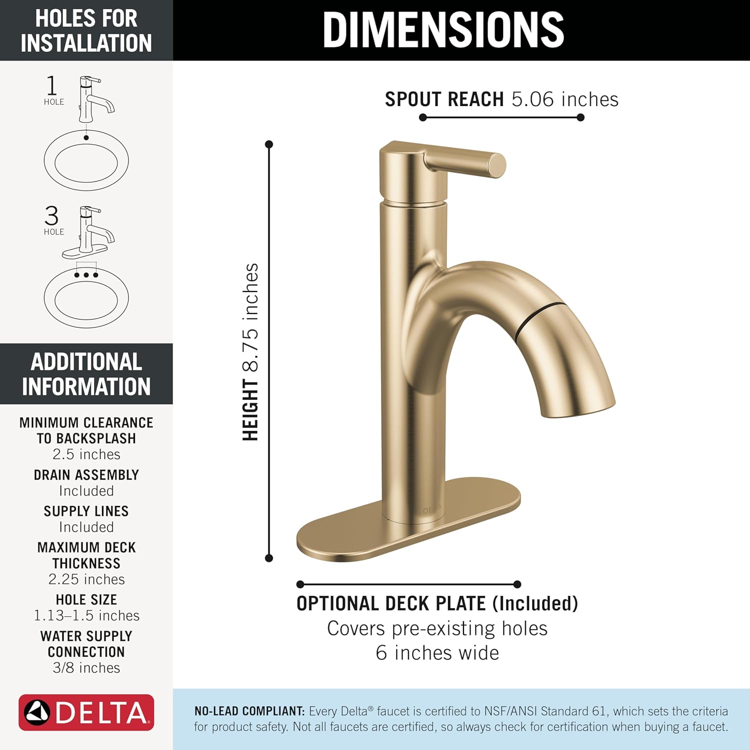 Delta Nicoli 1 Hole Brushed Gold Bathroom Faucet with Sprayer, Single Hole Bathroom Sink Faucet with Pull Out Sprayer for Vanity, Push-Pop Drain, Champagne Bronze 15749LF-CZPD