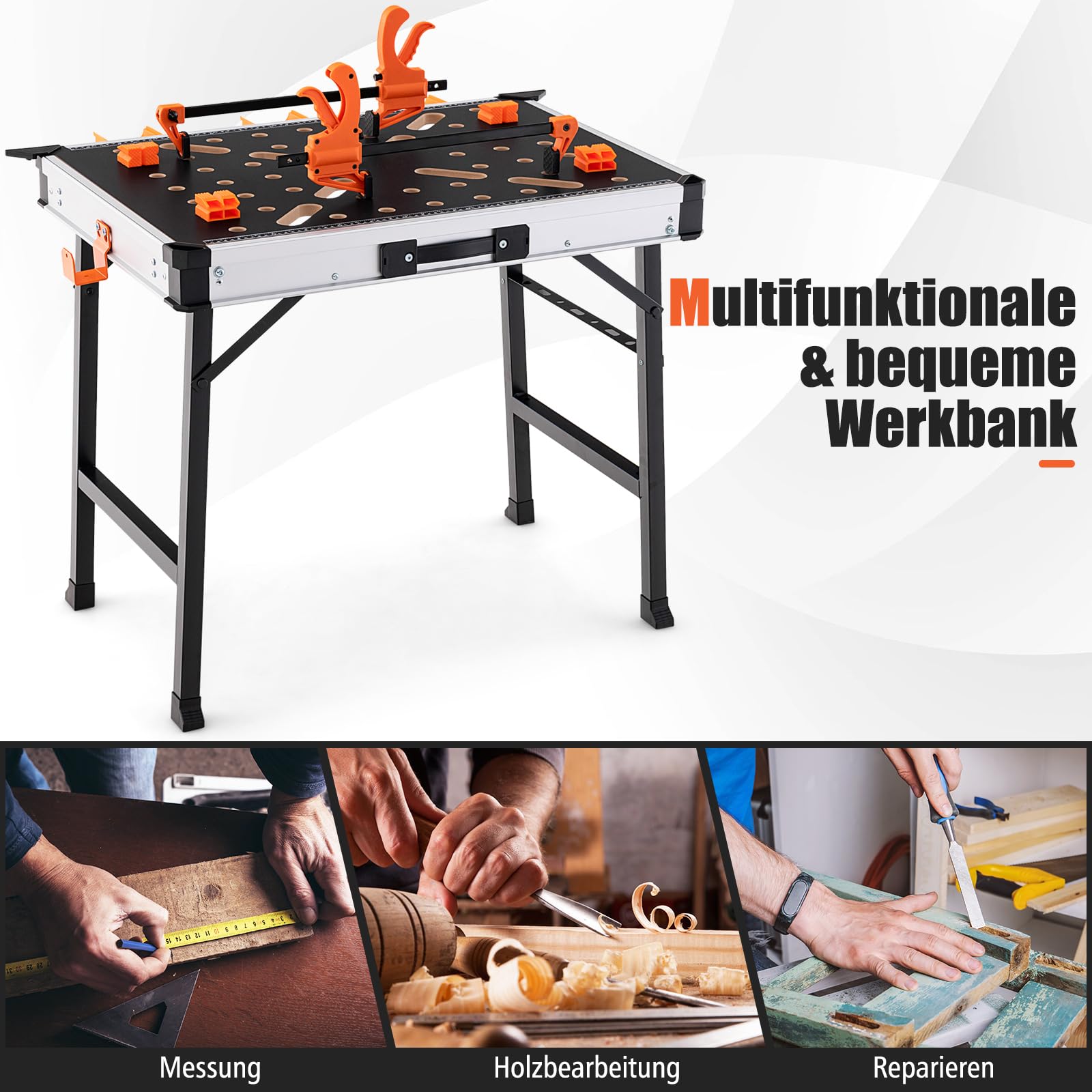 GYMAX 84,5cm Klappbare Werkbank, tragbare Arbeitsbank mit 2 Schnellspannern, 4 Klemmhaken & 3 Werkzeugkästen, Arbeitstisch bis 454 kg belastbar, für Messen & Reparaturen