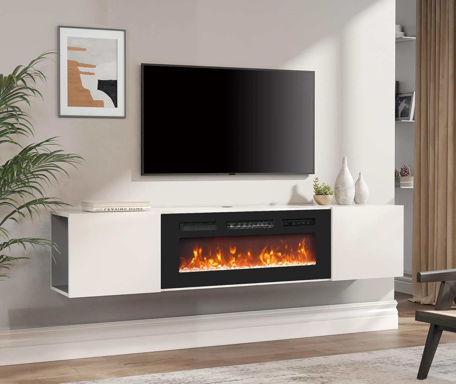 WMAPAT Modern Floating TV Stand With Electric Fireplace, Media Console for TVs up to 80", Wood Entertainment Center With 37" Fireplace, Shelf Cabinet for Living Room, Bedroom, White