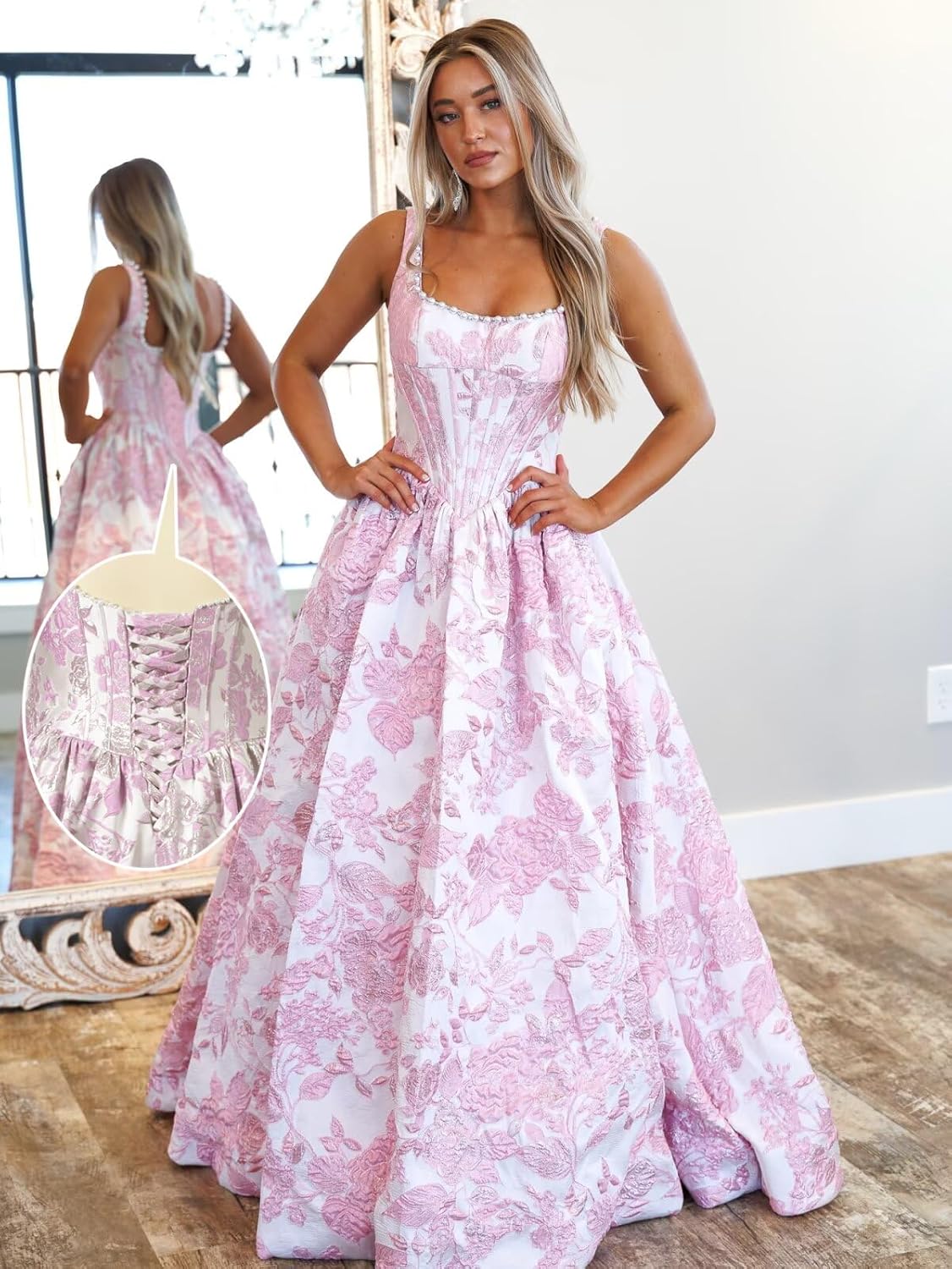 Floral Prom Dresses for Teens 2026 Formal Long Jacquard Satin Ball Gown