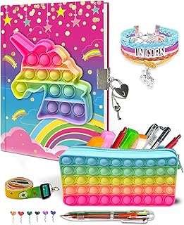 JOEKIKIMD Pop Notebook for Kids, Fidget Journal Set Includes Unicorn Diary with lock Pink Fashion Bracelets 6 Multicolor Ball Pen & Pop Pencil Case Gift Stuff diary for girls ages 8-12