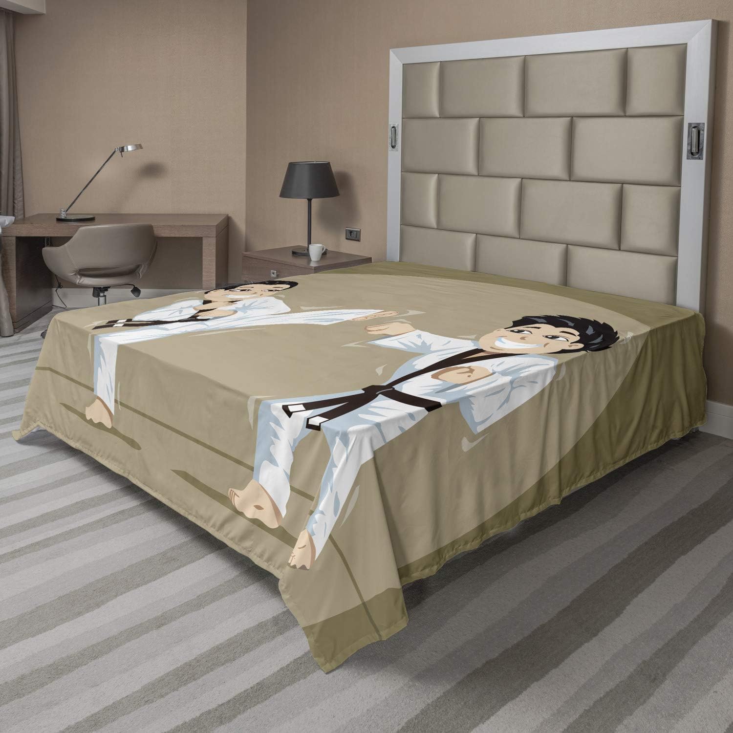 Ambesonne Karate Flat Sheet, Perform Karate Martial Arts Sports Cartoon, Soft Comfortable Top Sheet Decorative Bedding 1 Piece, Full Size, Sepia Dark Tan
