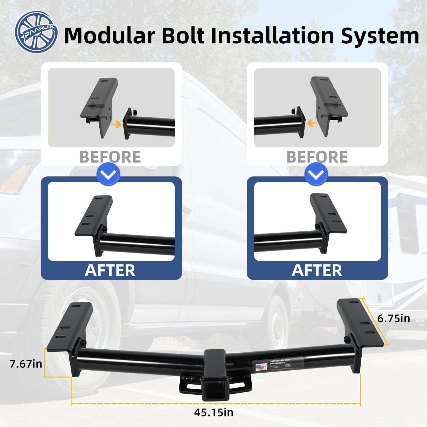 Class 3 Trailer Hitch for 2015-2025 Ford Transit 150/250 & 2015-2024 Transit 350, 2022-2024 E-Transit | 8,000LBS Weight Distribution, Bolt-On 2 Inch Receiver, Heavy Duty Carbon Steel