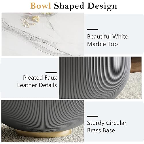 Miniatura 73 de Mesa auxiliar redonda moderna, mesa auxiliar de sofá de mármol sintético con base cubierta de cuero sintético en forma de cuenco, mesa auxiliar