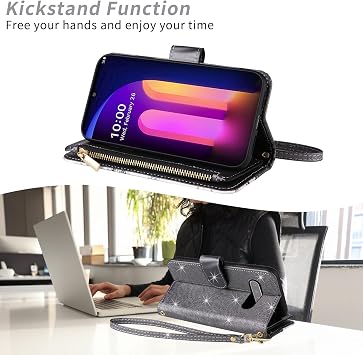 LG V60 ThinQ V60ThinQ 5G G9 Thin Q Floral Wallet Case Flip Zipper Purse Wrist Strap Shoulder Strap Luxury Glitter Card Holder Stand Phone Cover for LGV60V 60 60ThinQ 60V for Women Black