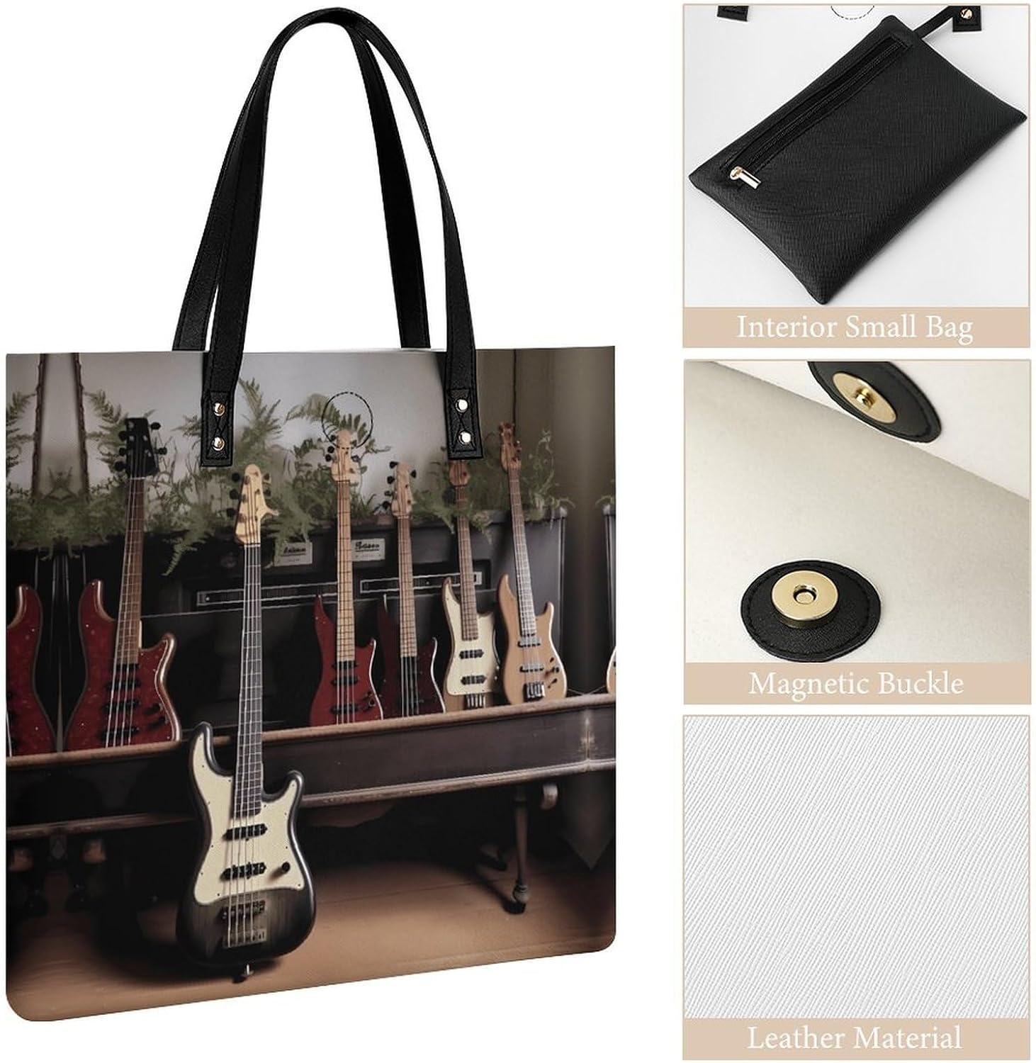 Guitar Bass Music Musical Instruments Tote Bag with Magnetic Buckle Reusable Handbag Large Grocery Bags Shoulder Bag PU Leather Hobo Bags image 5