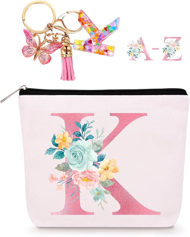 Necessaire de maquiagem Lingdeer com inicial K e chaveiro de resina