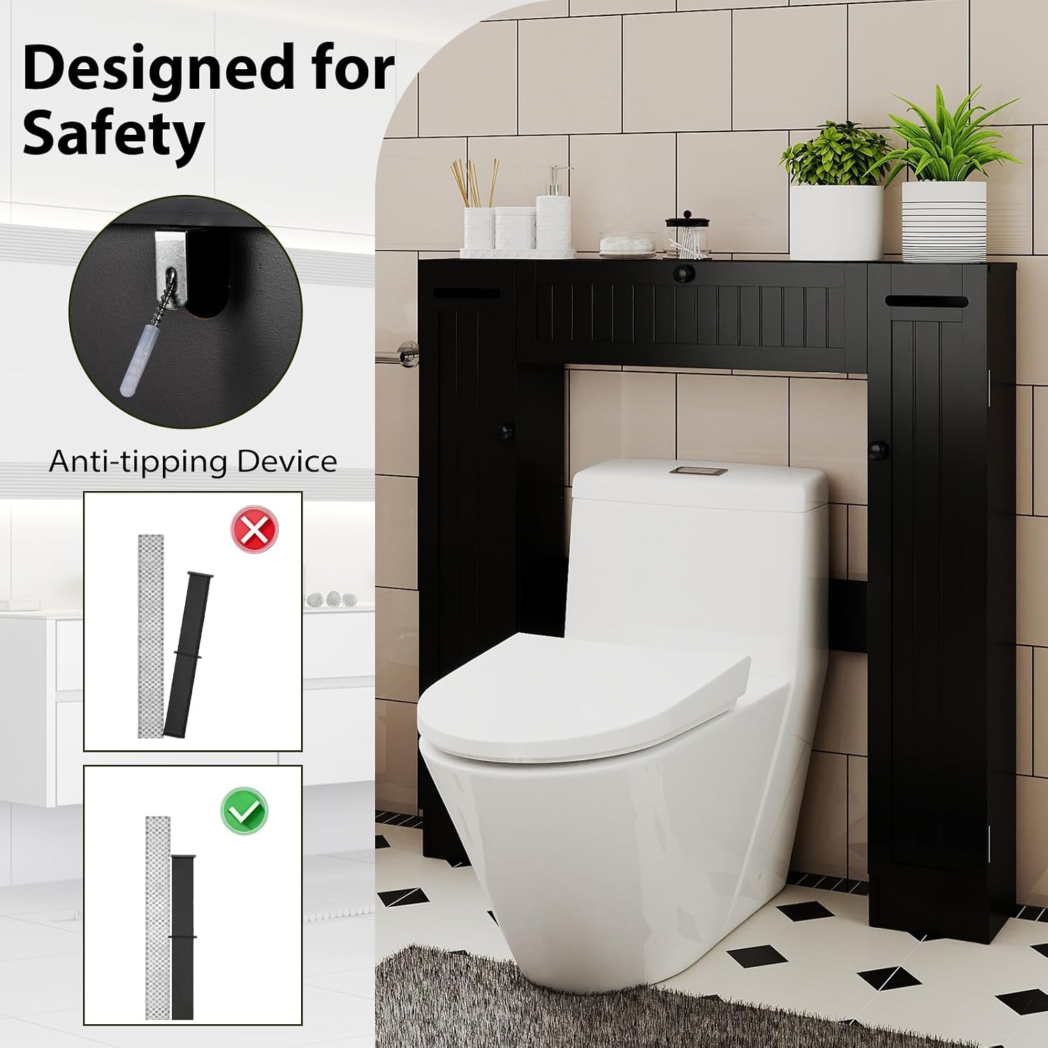 Toilet Cabinet with 2 Paper Holders, Over Toilet Storage Cabinet, Bathroom Wood Cabinet, Freestanding Bathroom Cabinet, 89 x 18 x 99 cm (Black)