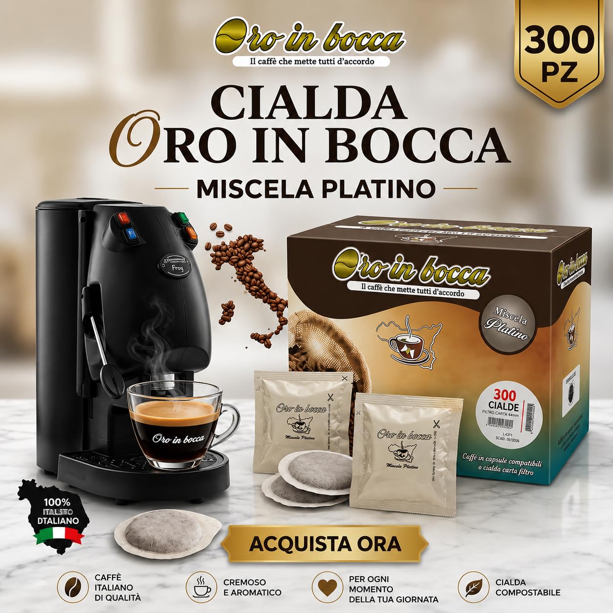 Oro in Bocca - 300 Cialde Caffè Platino – Miscela Robusta per Espresso Intenso e Deciso, Cialde Compatibili con Macchine Espresso, Aroma Ricco, Crema Densa e Persistente (300, Platino)