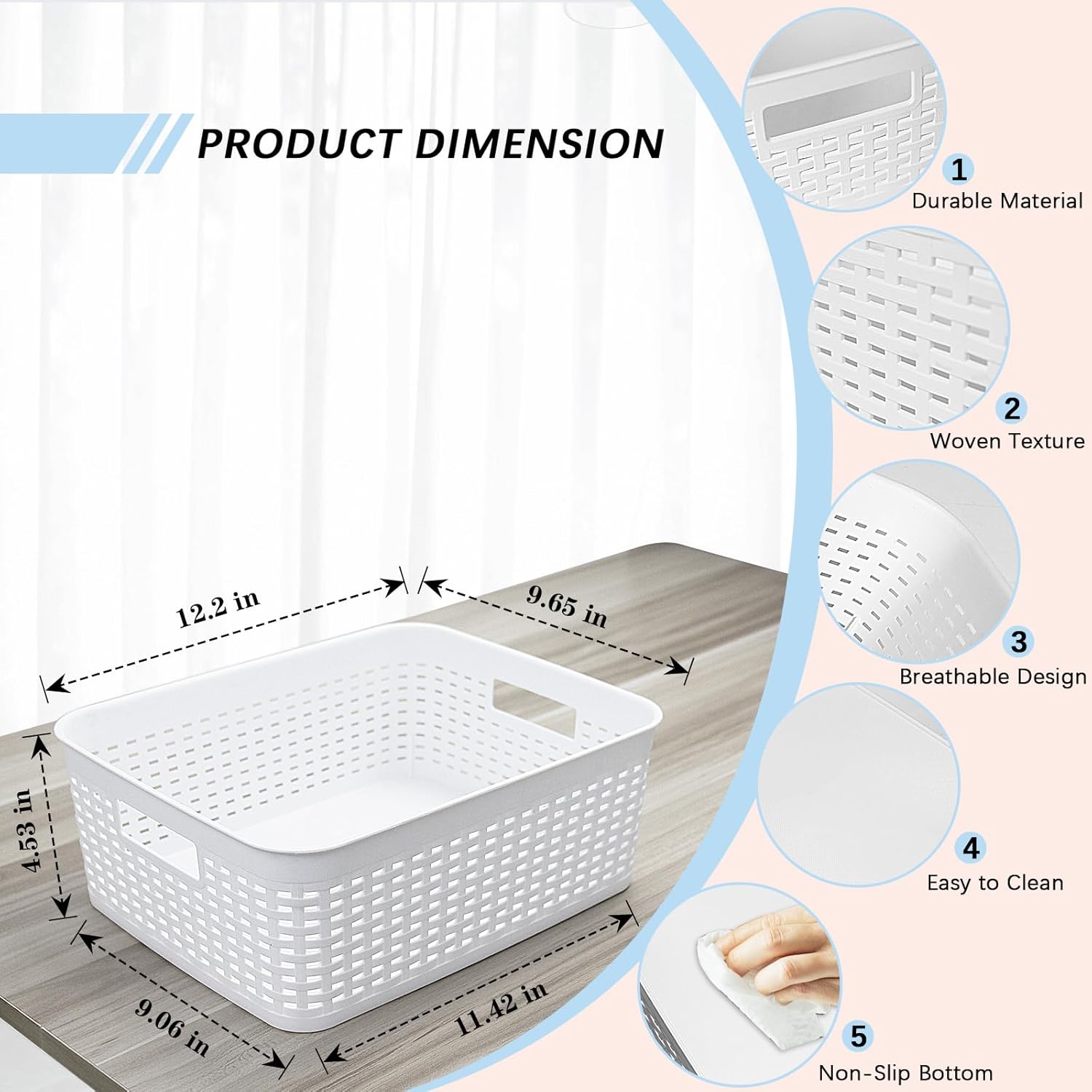 Plastic Storage Baskets for Cabinets, Household Pantry Organization with Handle,Organizer Bins for Room,Bathrooms,Under-Sink,Kitchen (White, M-3PACK)