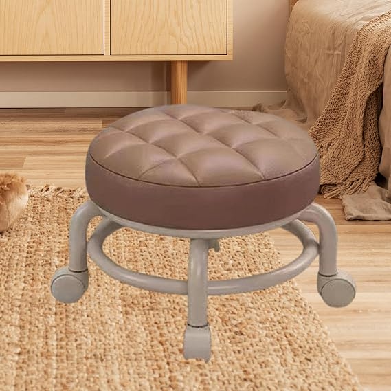 Low Roller Seat Low Rolling Stool Modern Sturdy PU Leather with Swivel Caster for Garage Porch Living Room Apartment Entryway, Coffee