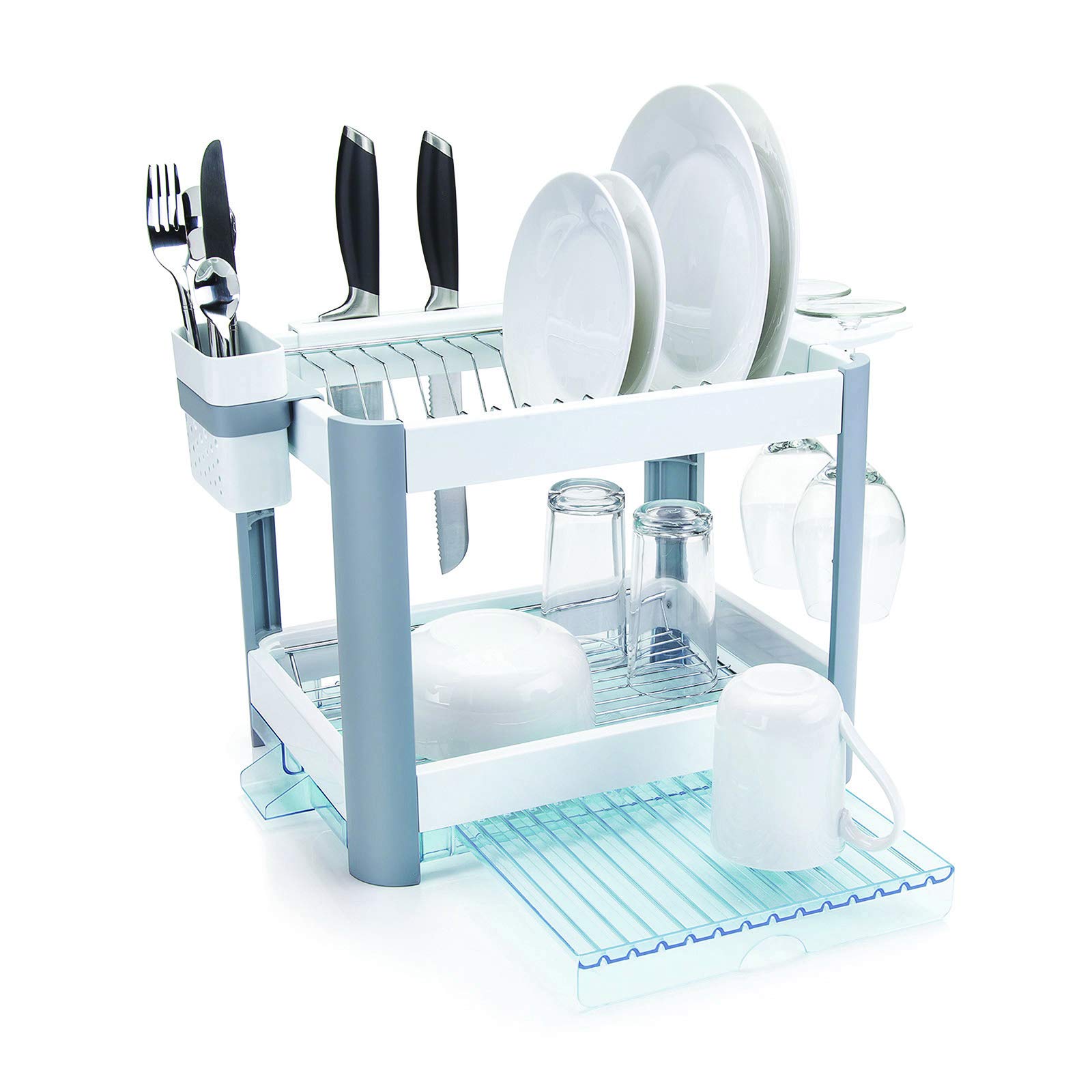 Minky Twin Tier Extending Dish Rack, Dish Drainer Rack With Draining Drip Tray, Slide-Out Extra Tray & Cutlery Holder, Space-Saving Dish Rack