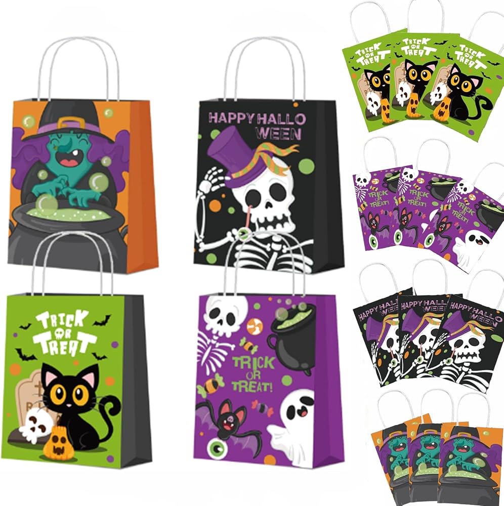 16 Halloween-Partytüten – 4 Designs, Mit Griffen, Für Süßigkeiten & Geschenke