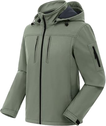 CREATMO US Mens Softshell Military Jacket With Removable Hood, Fleece Lined and Water Repellent Outdoor Reflective Coat