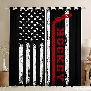 Castle Fairy Hockey Window Curtains,American Flag with Red Hockey Stick Curtain,Sports Window Drapes for Kid Teens Boys Young Man,Modern Bedroom Decorative,Retro Curtain,42Wx63L
